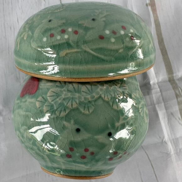 Vintage Celadon Porcelain 3 Piece Tea Infuser Strainer Cup Set Deer Floral - Picture 11 of 13